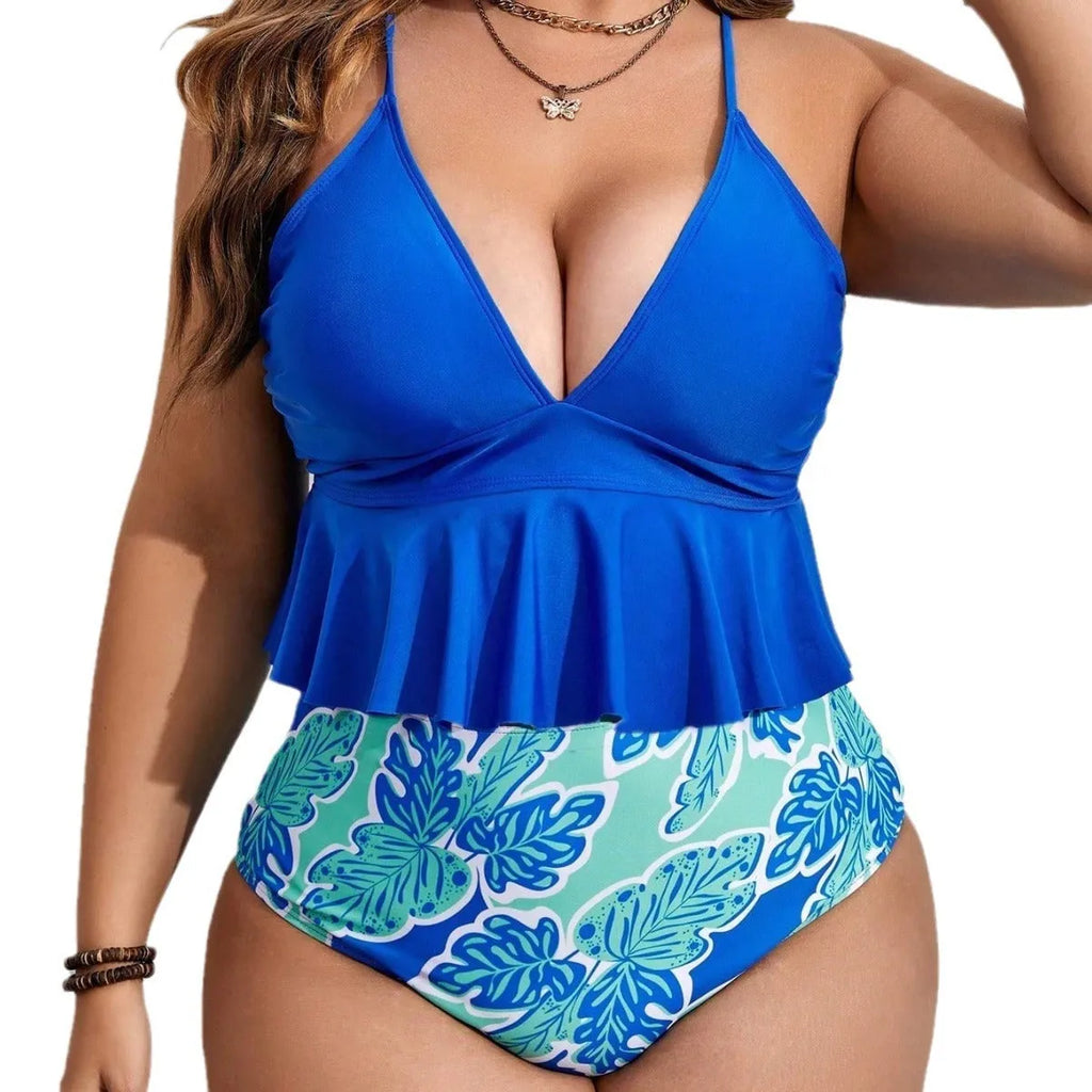 Blue polyester bikini set with top and briefs shorts in extended sizes 0XL to 4XL