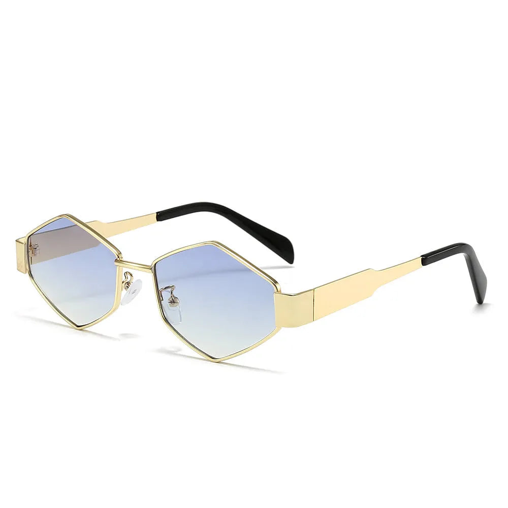Polygon rhombus metal sunglasses with hexagon square frame in black, gold, or silver with coloured lenses