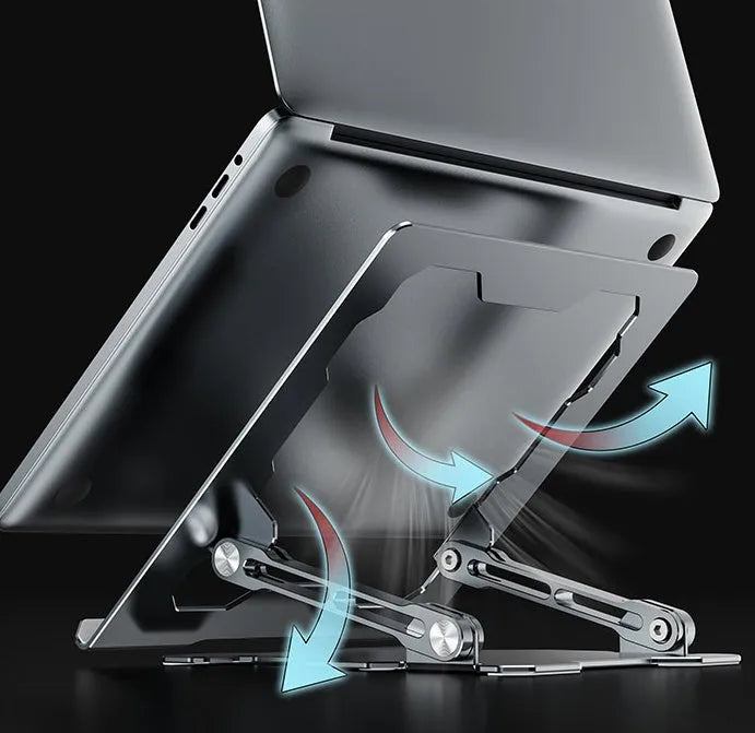 Grey adjustable aluminium laptop stand in folded and open positions on a desk.