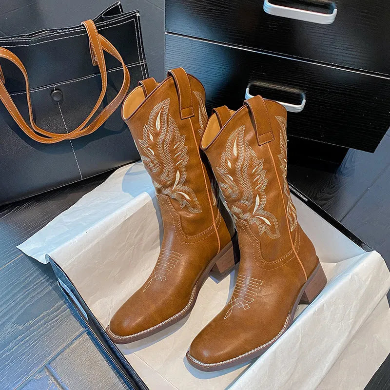Brown women's mid-calf embroidered Martin boots with leather lining and square heel