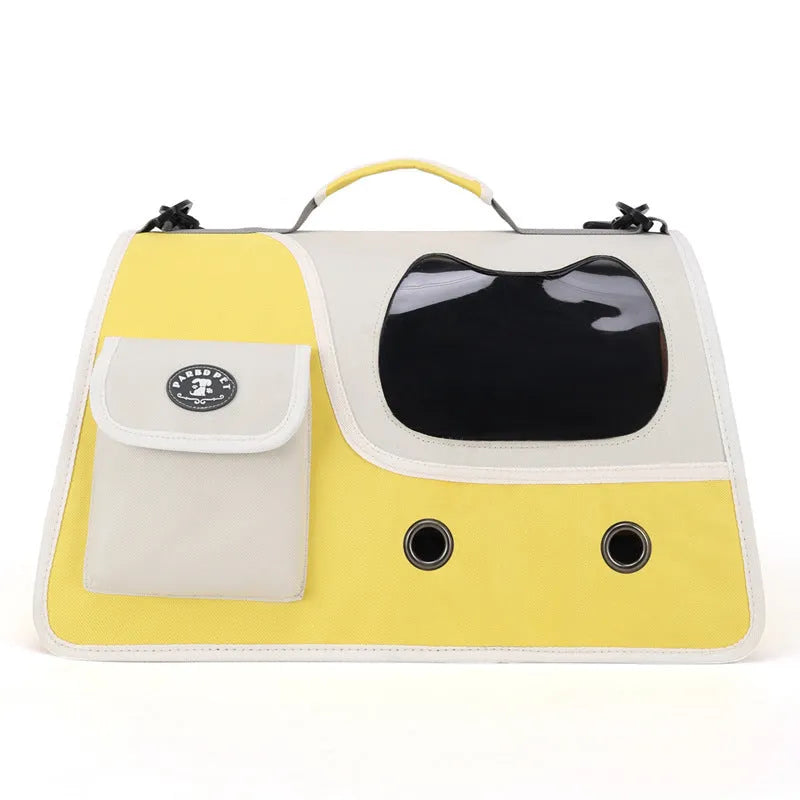 Crossbody pet backpack in Oxford cloth with spacious breathable design, available in yellow, green, or black.