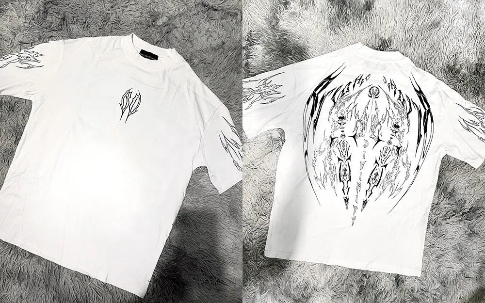 Dark style loose fit men's cotton T-shirt with gilding detail on short sleeves