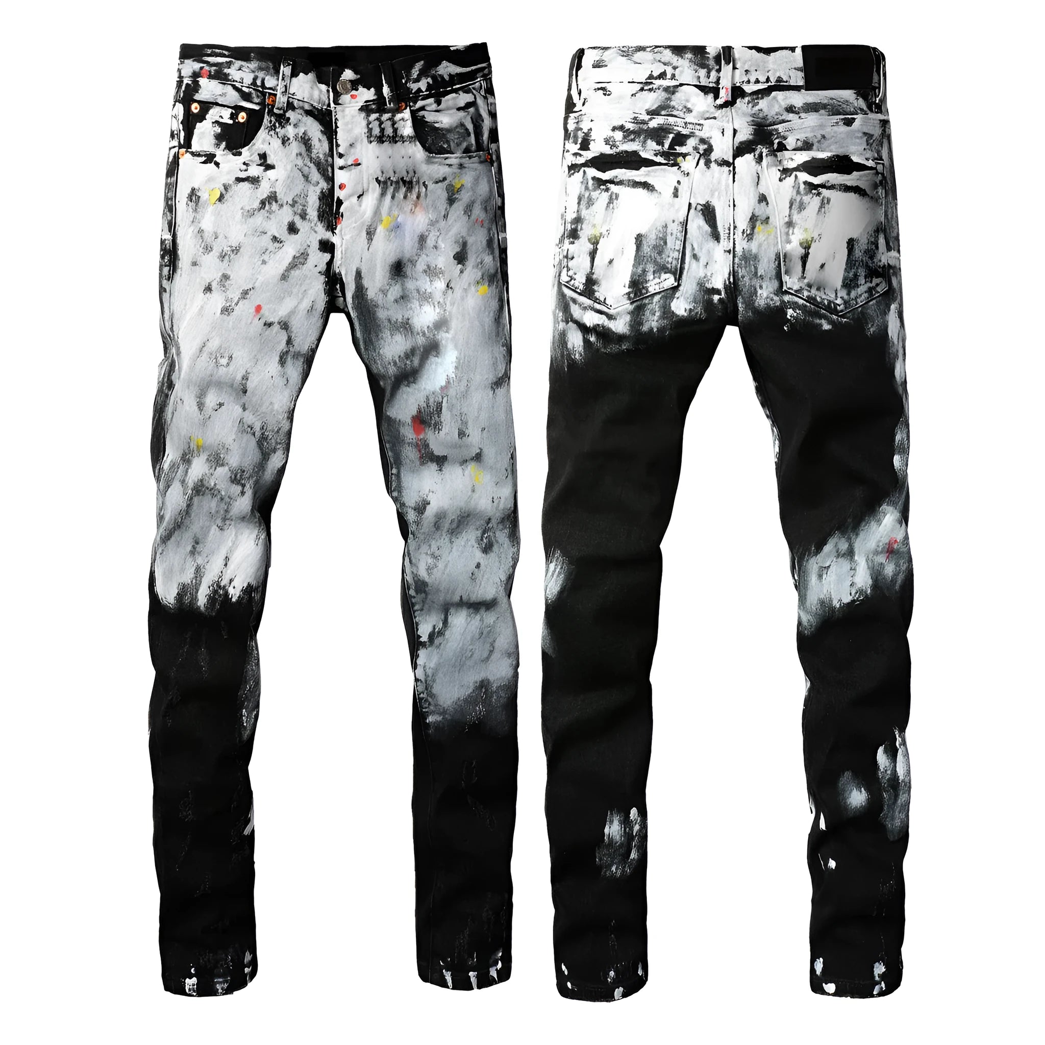 Black slim fit straight leg men's jeans with a button fly on a mannequin.