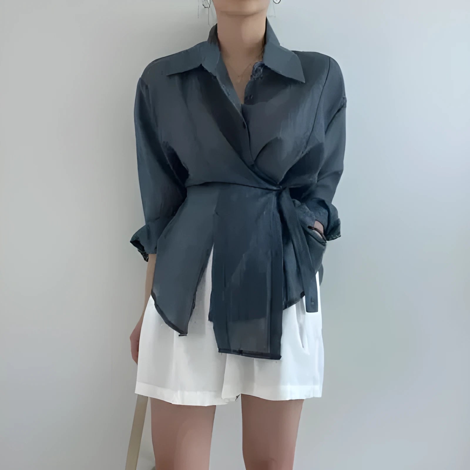 Irregular buckle lapel long sleeve shirt in smoky gray polyester fibre