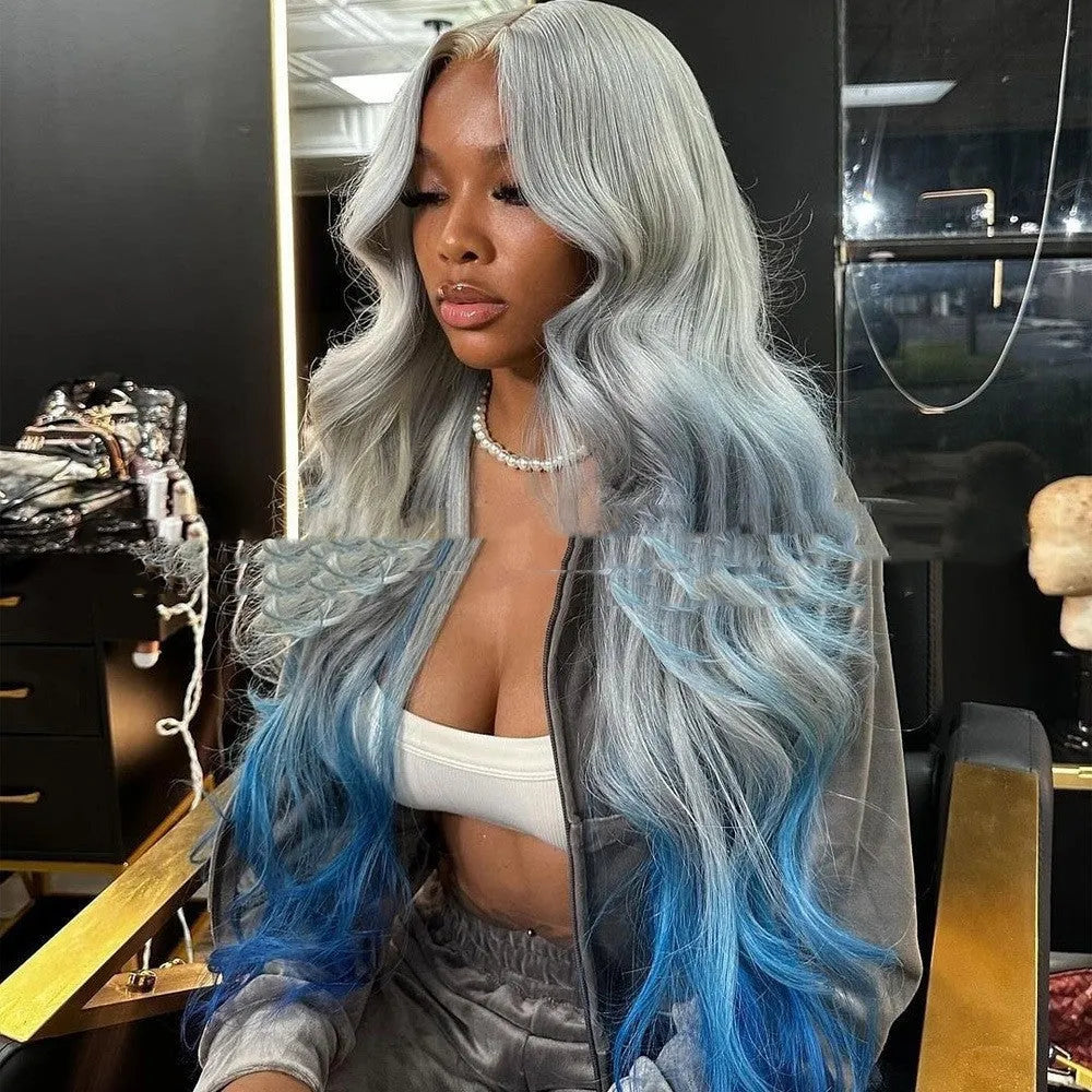 Gradient grey blue headgear wig with human hair in Ruili style
