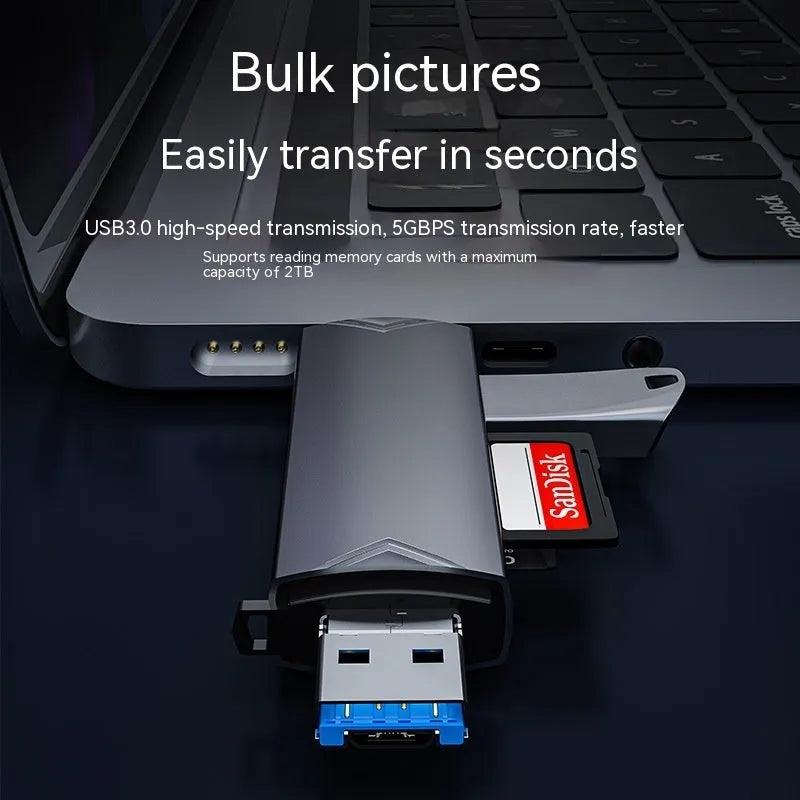 USB30 multi-functional card reader in silver aluminium alloy with SD and TF slots
