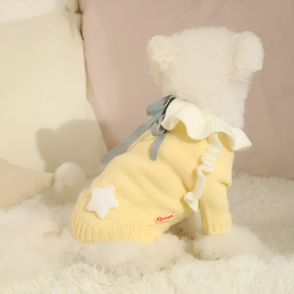 Yellow XingX pattern and Fairy Dress pattern acrylic dog sweaters for small breeds in autumn.