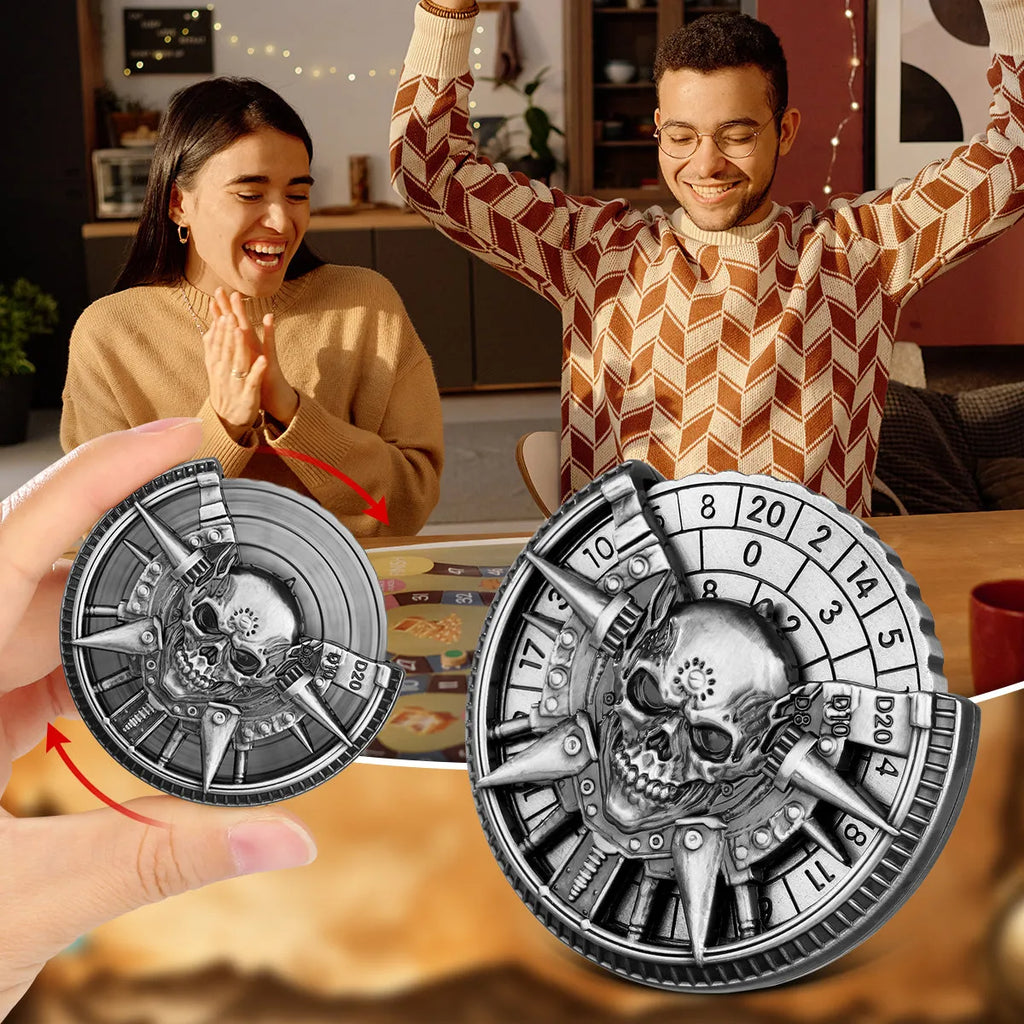 Skeleton metal wheel dice gift box with bronze D20 and D10 dice on a dark tabletop