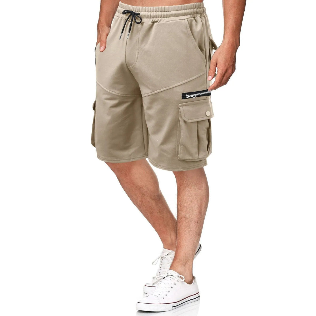 Men's summer double pocket zipper shorts in polyester with cotton lining, mid waist, fifth length, available in eight colours