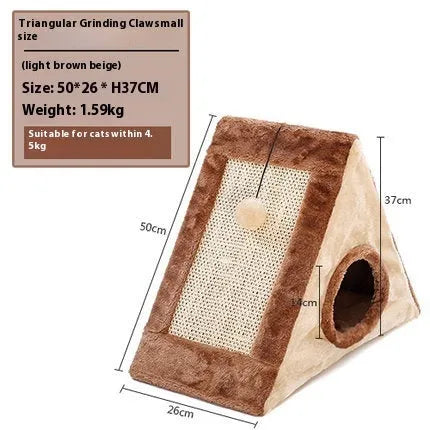Triangular cat scratching post with sisal surfaces and soft plate fur bed in grey and white colour