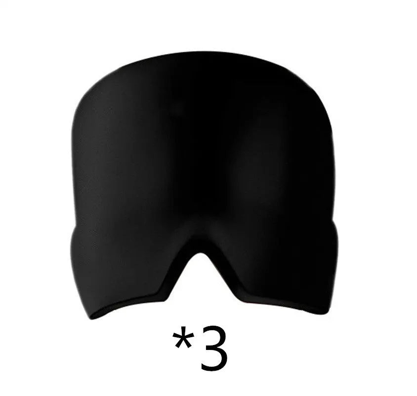 Black elastic ice gel headache relief eye mask shown on a mannequin head, adjustable for 42-66cm circumference.