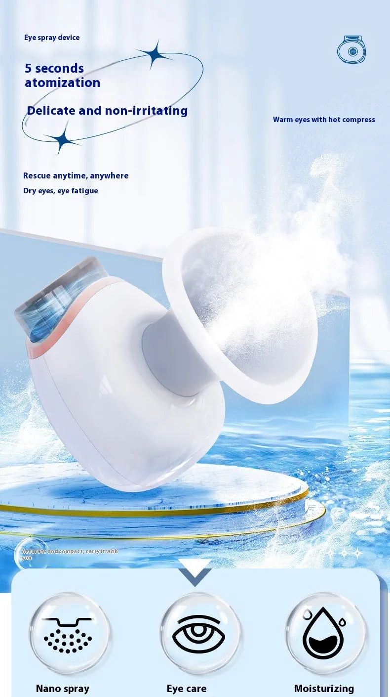 White and purple portable eye humidifier with USB charging cable and instruction manual