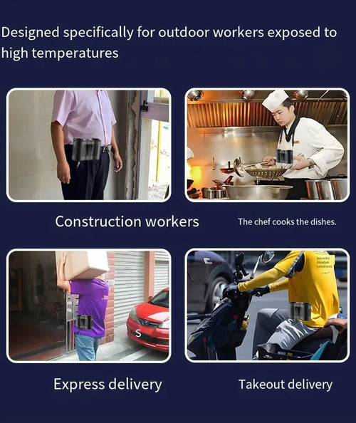 Black waist-hung personal fan with waist clip and lanyard, showing turbine blades and control button.