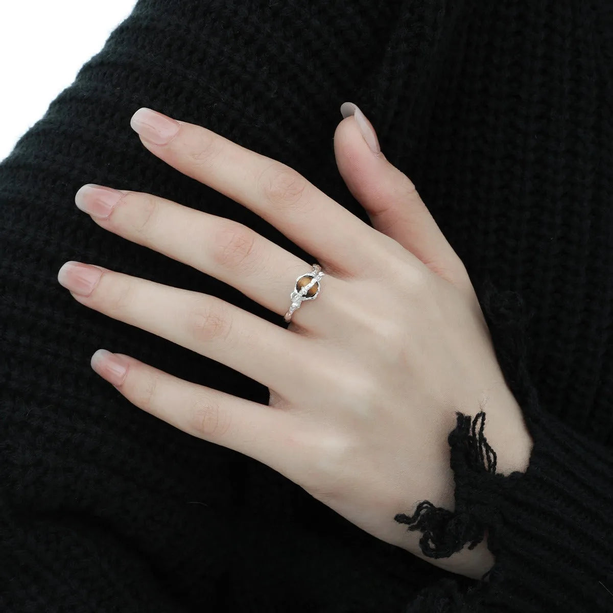 Saturn Tigereye adjustable silver ring with white gold electroplated finish and open design