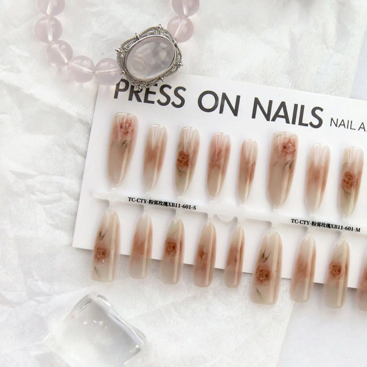 Pink mist rose ancient style rose flower nail stickers, prolate ellipse, ultra-thin seamless, 40pcs set for ladies nail art