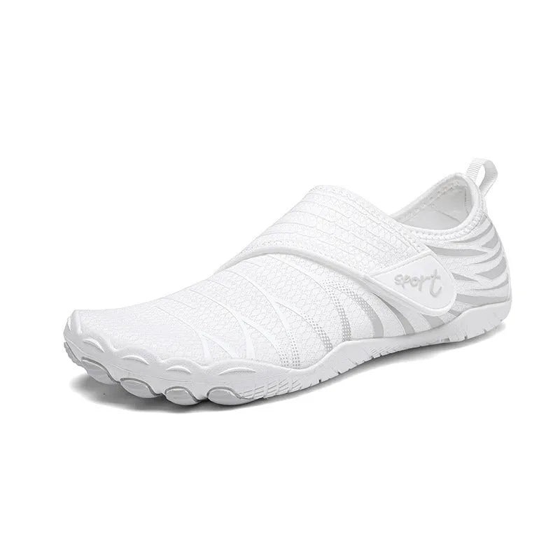 Pair of men and women outdoor wading shoes with mesh upper and rubber sole in black
