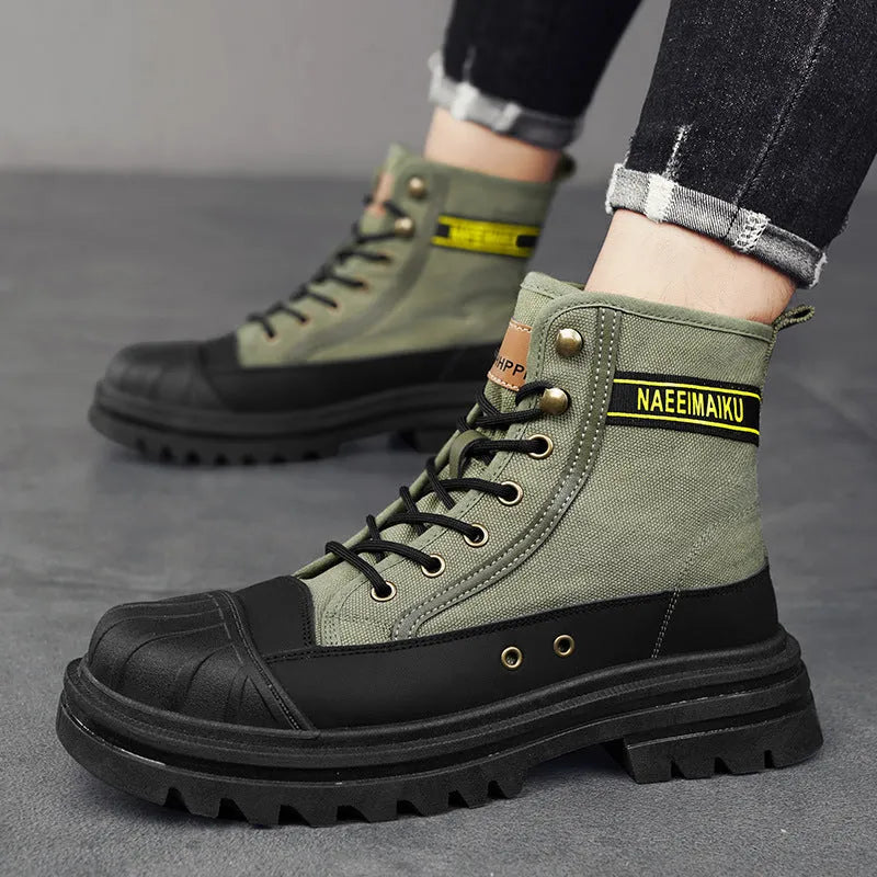 Thick-soled canvas men's motorcycle boots in black, side view showing round toe and front lace-up