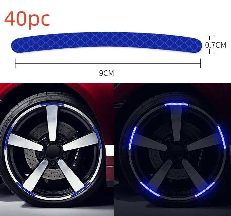 20-piece car wheel hub reflective sticker set in arc shape with multiple colour options including fluorescent and luminous varieties