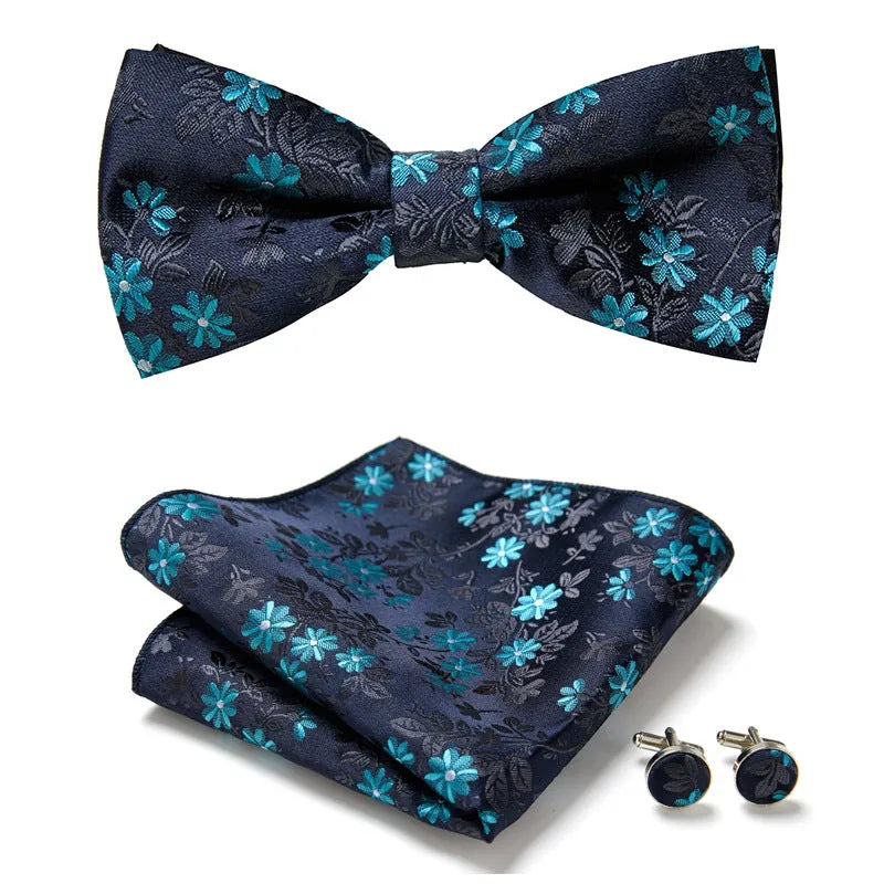 Floral Bow Tie Set of Three Pieces Polyester Yarn Hand-Sewn 12cm by 6cm Bow Tie with Matching Pocket Square 25x25cm and Cufflinks 1.5cm for Men's Formal Wedding and Party Accessories Multistyle Options