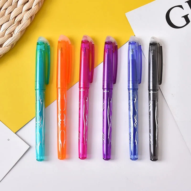 Heat-erasable gel pen set with multiple colours showing plastic bodies and stainless steel nibs
