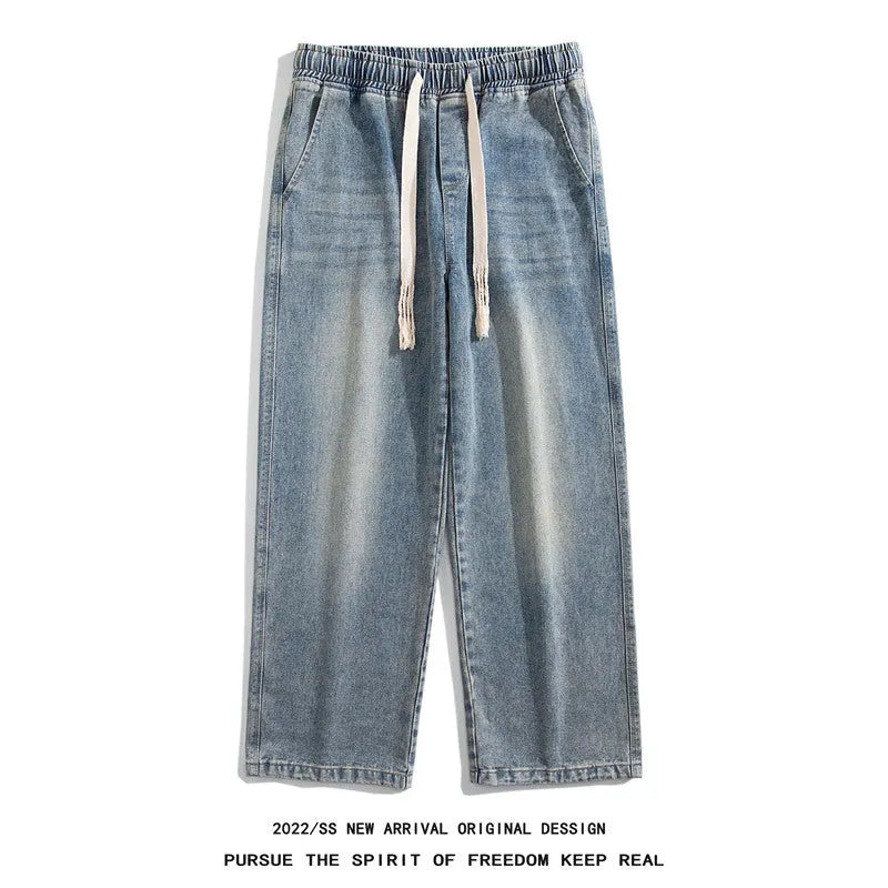 Blue Hong Kong style retro heavy wash distressed loose jeans with fleece lining and ankle banded cuffs