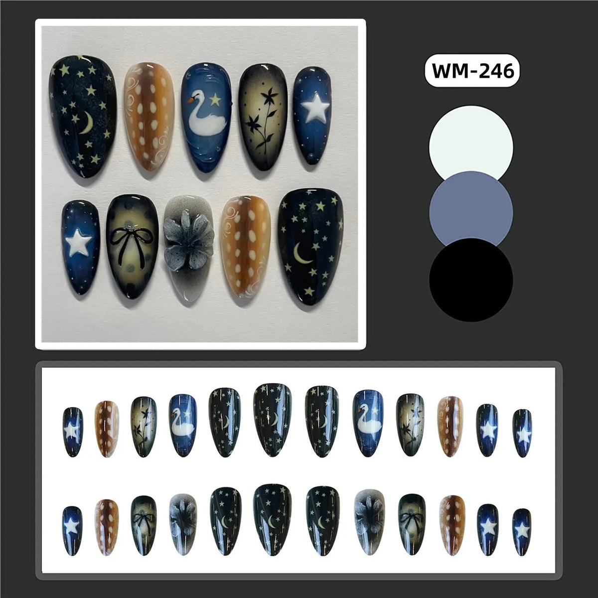 French-style false nail tips with Star Moon Swan design, cartoon flower bow and starry sky motifs, glue-on set for ladies