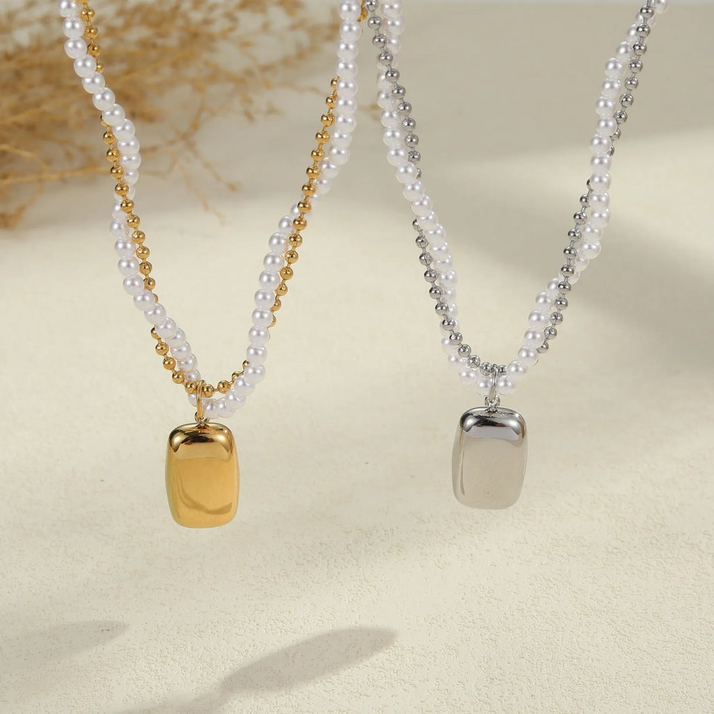 Double-layer pearl necklace with geometric pendant, stainless steel regular chain, gold or steel electroplated finish, 18K