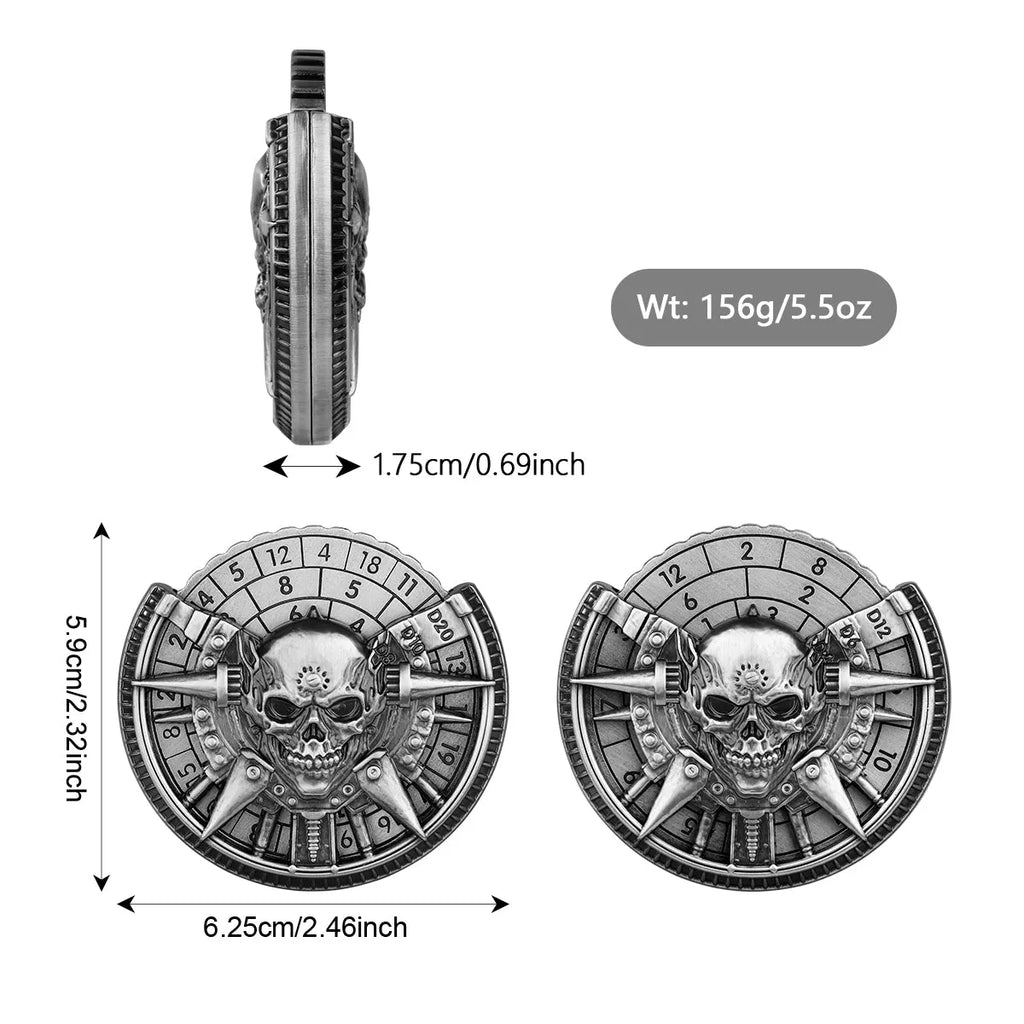 Skeleton metal wheel dice gift box with bronze D20 and D10 dice on a dark tabletop