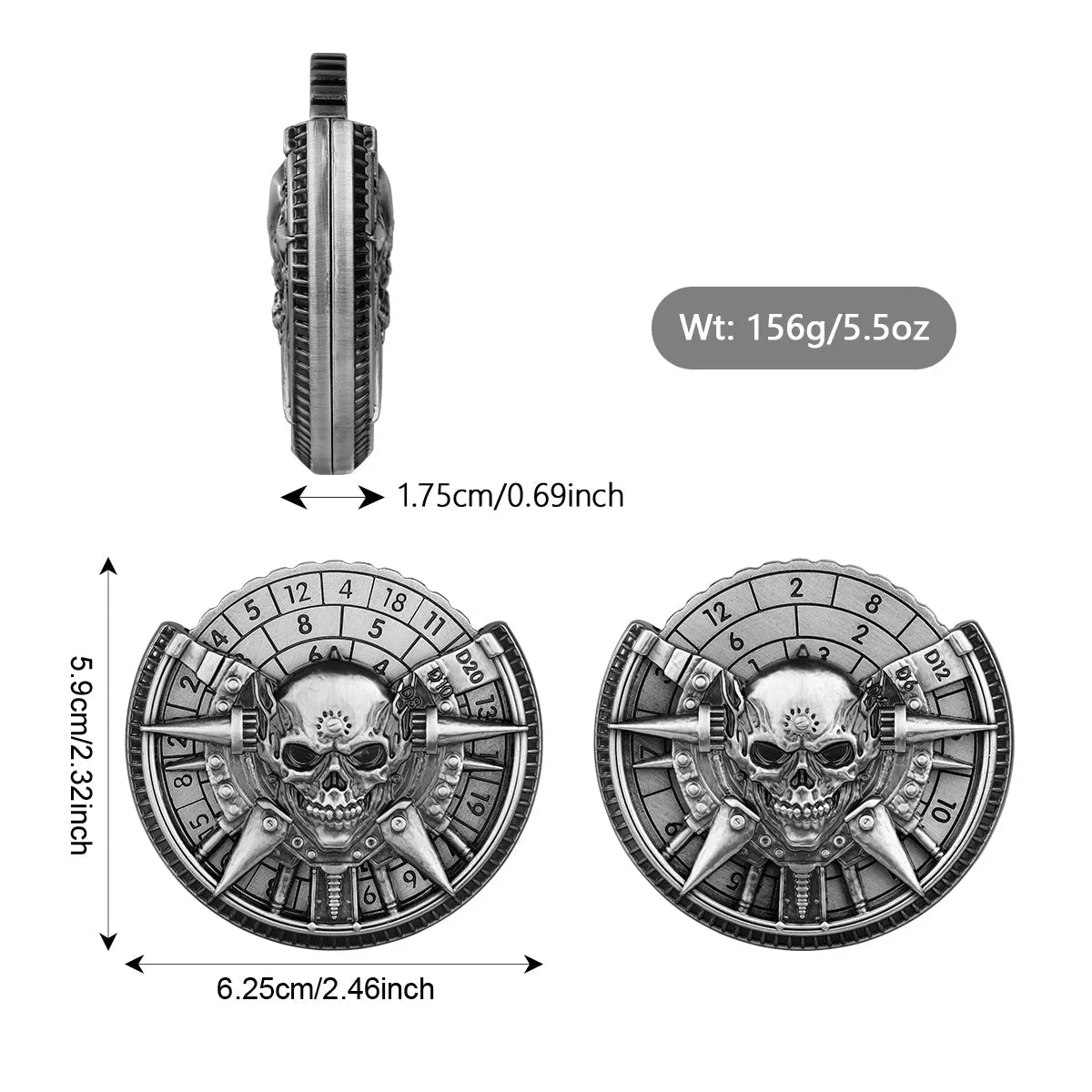 Skeleton metal wheel dice gift box with bronze D20 and D10 dice on a dark tabletop