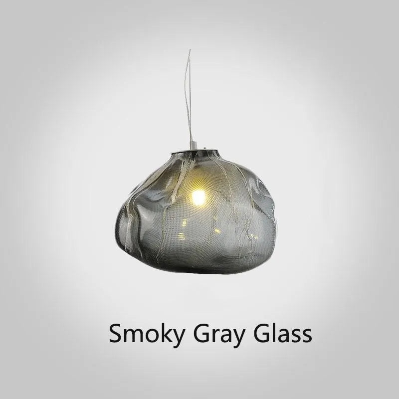Modern fabric chandelier with glass shade in amber, clear, or smoke grey colour, shown in large and small size options.