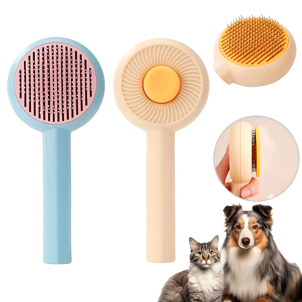 Blue and yellow pet deshedding brush with metal pins and a self-cleaning button on the handle.