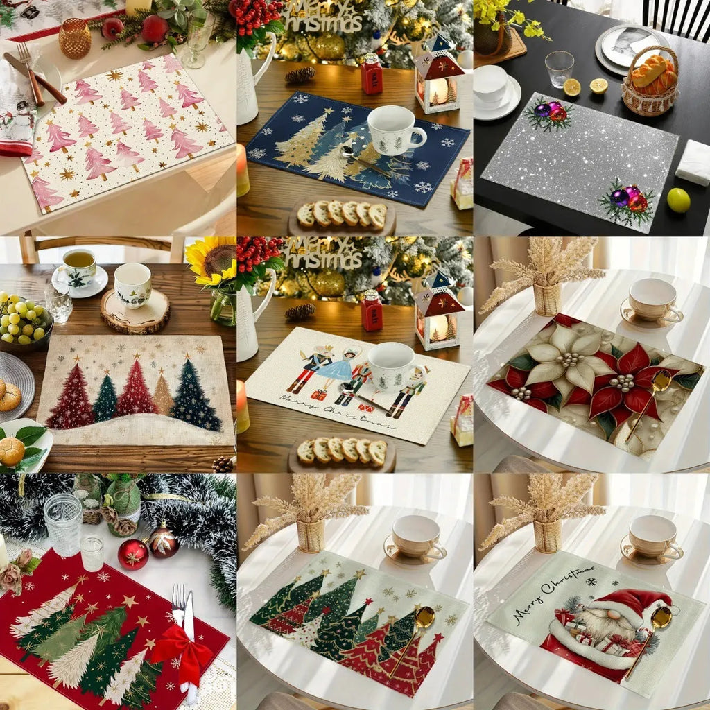 Christmas linen placemat with tree print in square shape 30x45cm on dining table