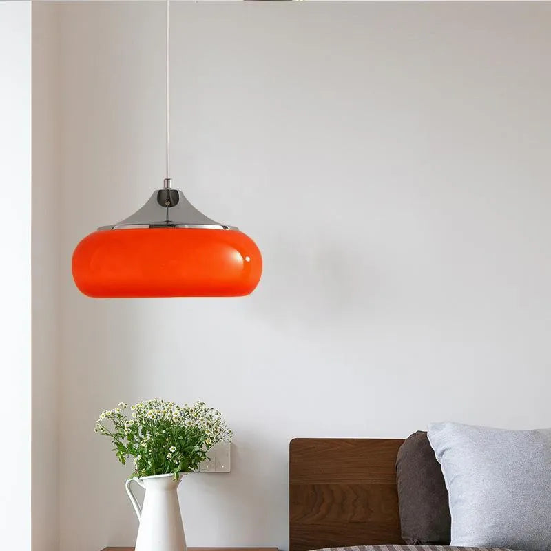 Milk white Bauhaus pendant light with three egg tart-shaped glass shades for bedroom or dining room