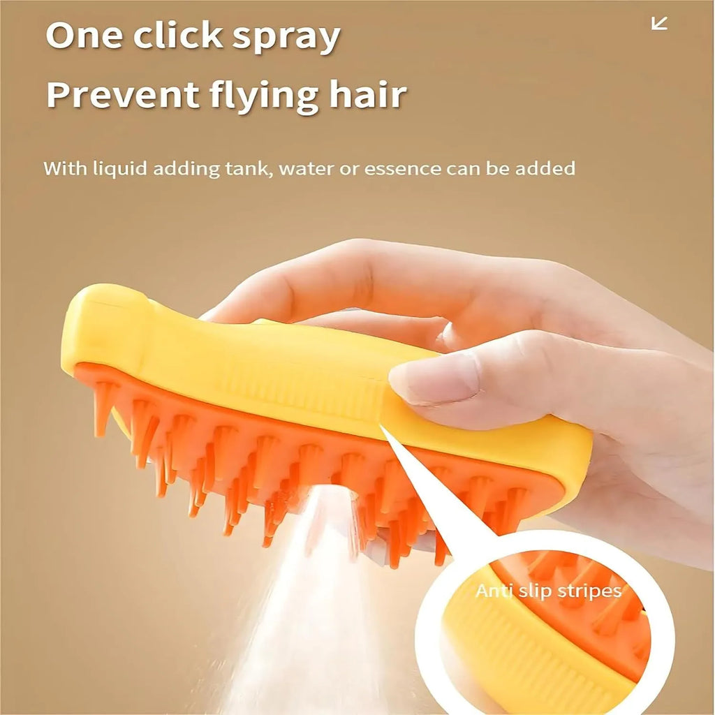 3-in-1 rechargeable cat steam brush with silicone teeth and cat paw-shaped ends for detangling and massage
