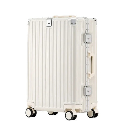 Hard-shell aluminium frame suitcase in avocado green colour with USB port and universal wheels.