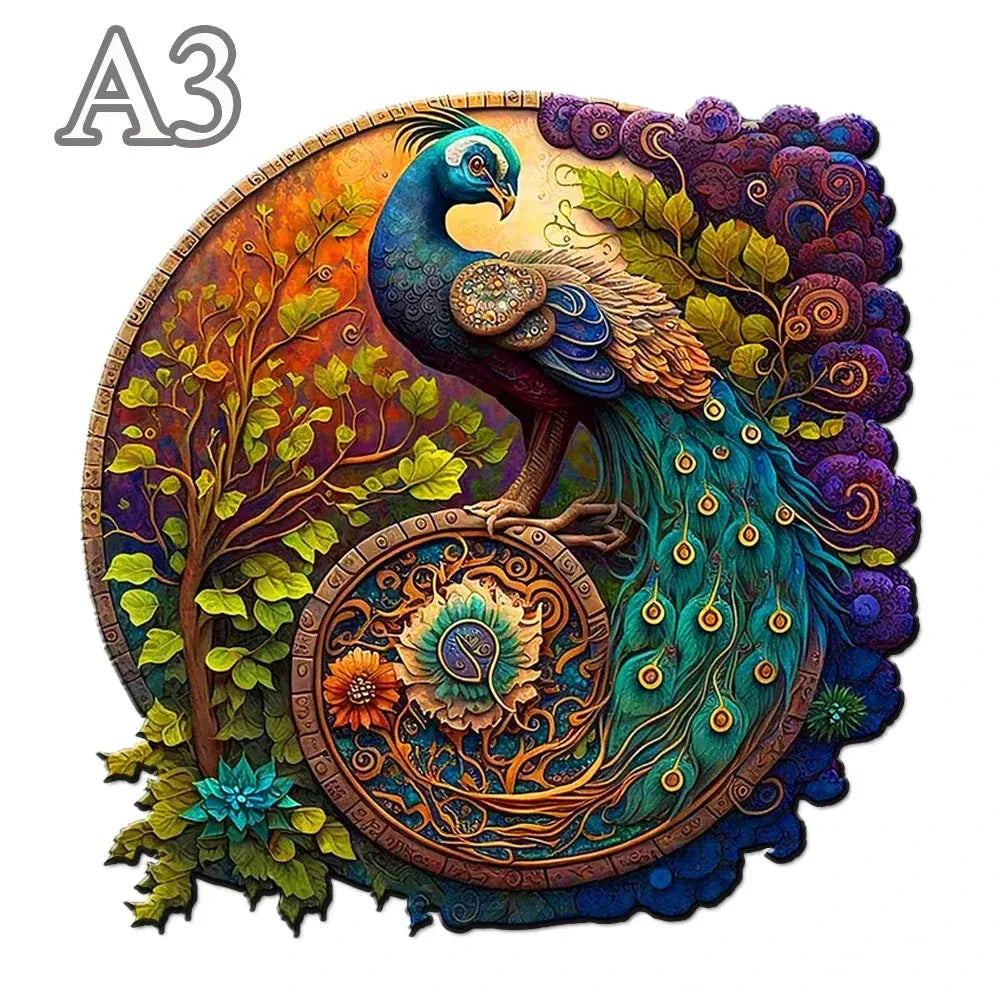 Wooden animal puzzle block with irregular stereo pieces, available in Colorful A3 or A5, packed in a white box.