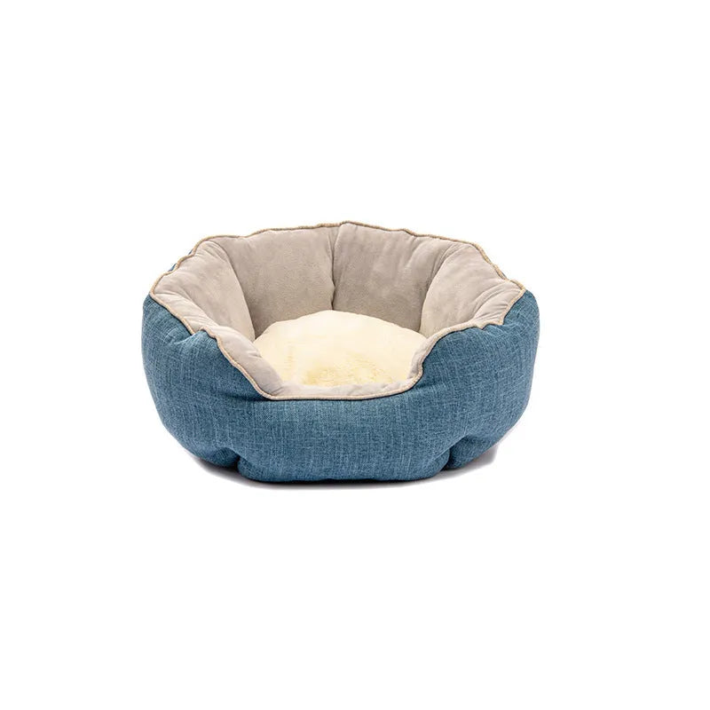 Blue octagonal pet bed with removable mat for cats and small dogs