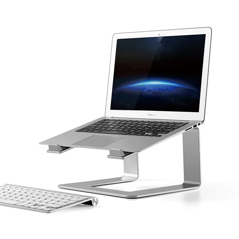 Adjustable aluminium laptop stand in black colour on desk surface