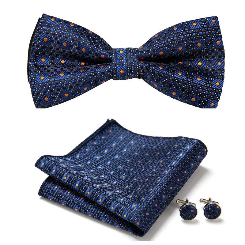 Floral Bow Tie Set of Three Pieces Polyester Yarn Hand-Sewn 12cm by 6cm Bow Tie with Matching Pocket Square 25x25cm and Cufflinks 1.5cm for Men's Formal Wedding and Party Accessories Multistyle Options