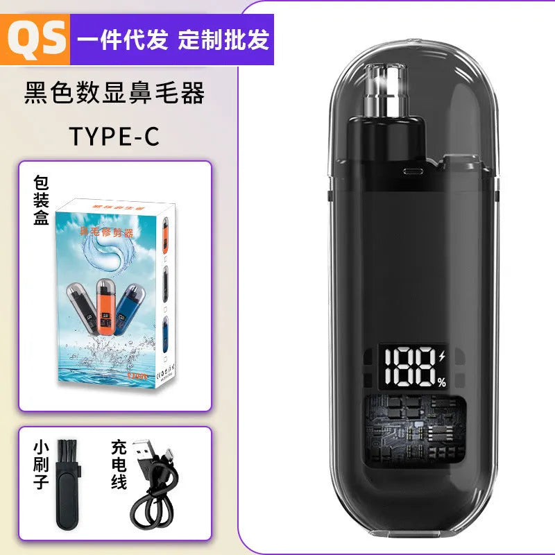 Rechargeable nose hair cleaner with digital display, removable cutter head, cleaning brush and charger
