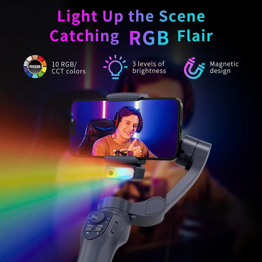 Foldable handheld phone camera stabilizer gimbal in gun colour with USB port.