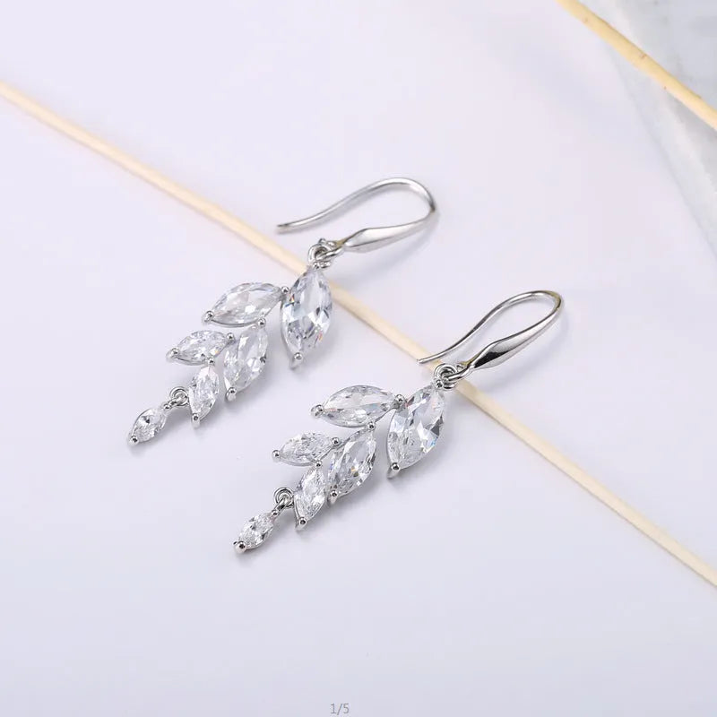 Leaf-shaped zircon earrings for women in rose gold white finish on copper alloy