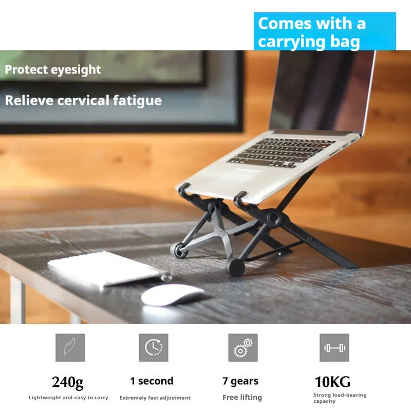 Folding computer bracket in sagacious black, made from enhanced nylon, with carrying case, on a desk with a laptop