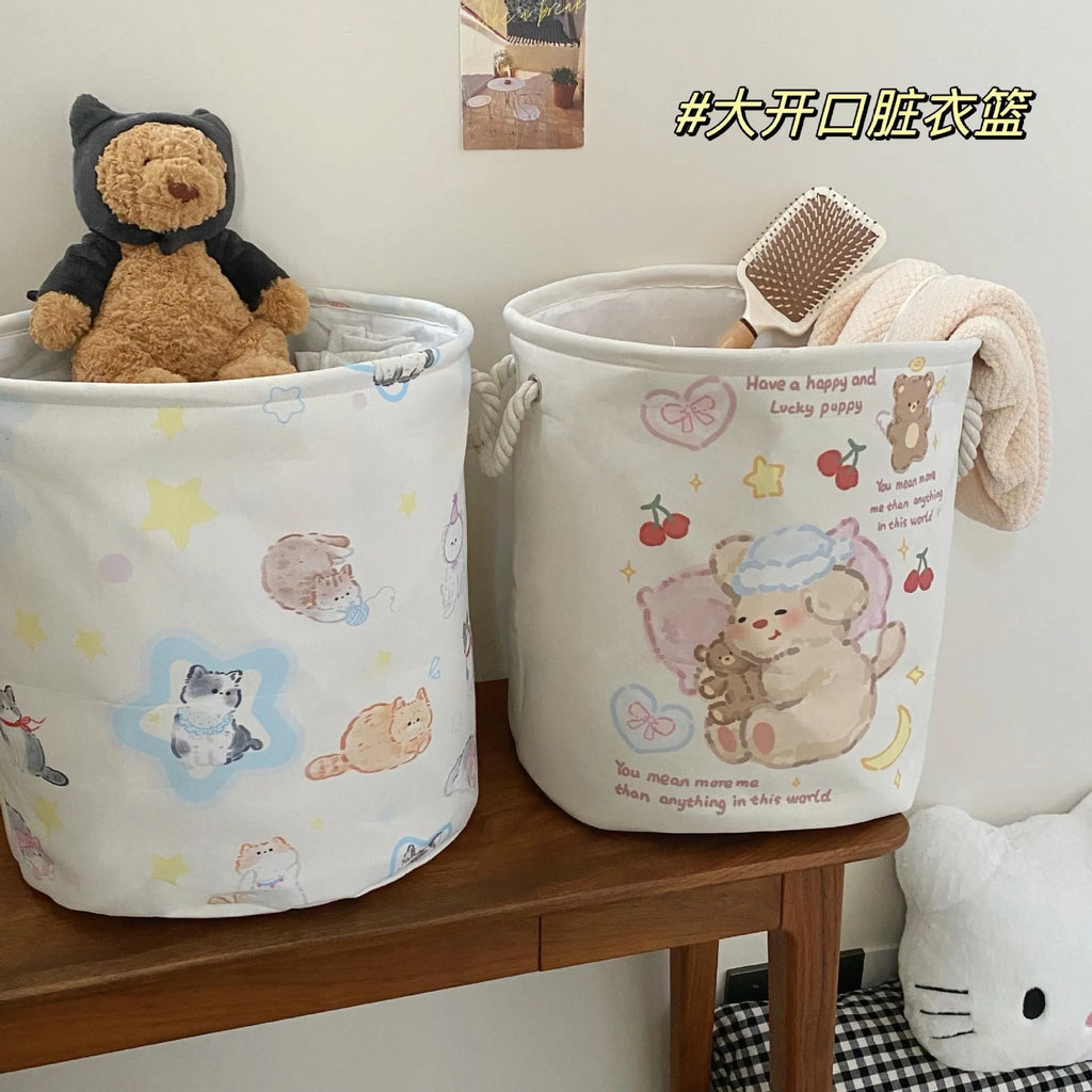 Foldable cotton cloth laundry basket with bear pattern design for bedroom storage