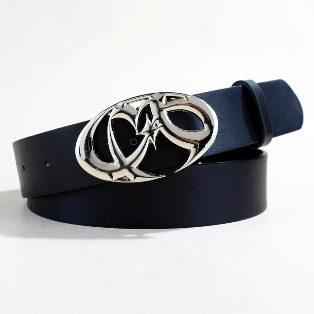 Casual silver buckle belt made from black PU leather with a snap button fastening