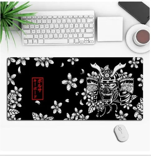 Custom anime graphic gaming mouse pad with non-slip rubber base on a wooden desk.