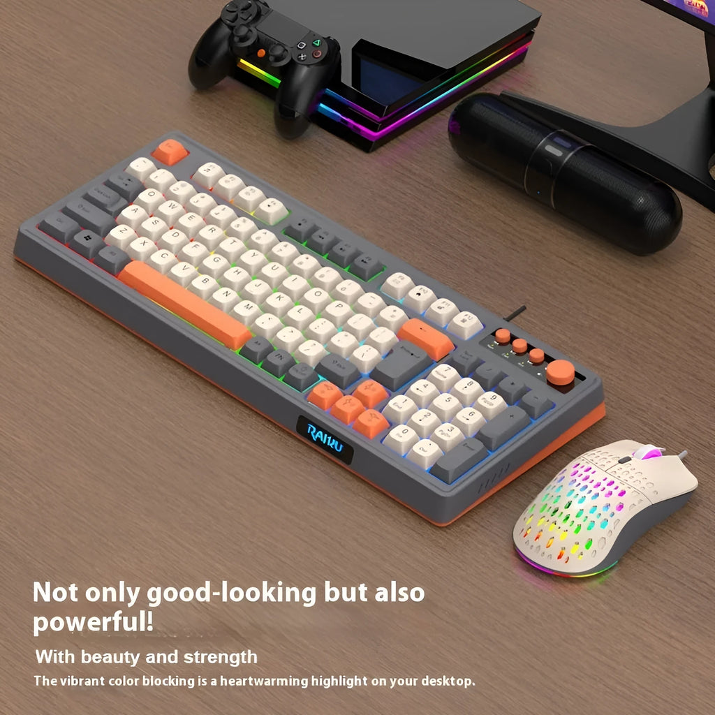 Wired gaming keyboard and mouse set in white and grey, mechanical feeling keyboard with photoelectric mouse