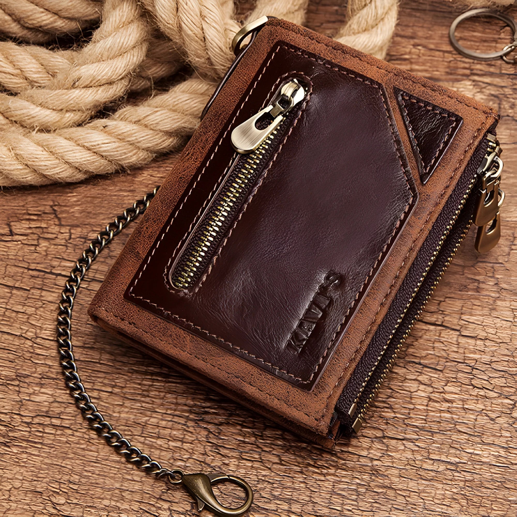 Dark brown men's leather wallet with RFID anti-theft protection and decorative chain