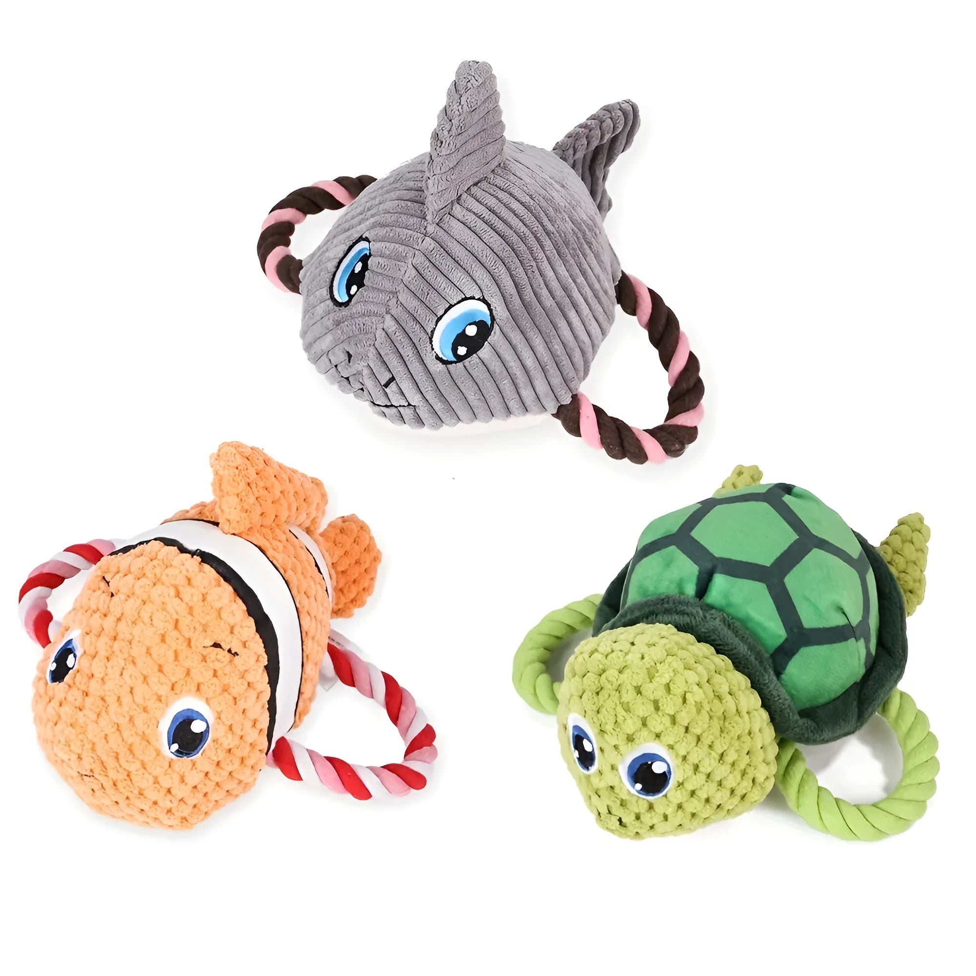 Grey turtle-shaped stuffed dog toy with internal knotted rope for chewing