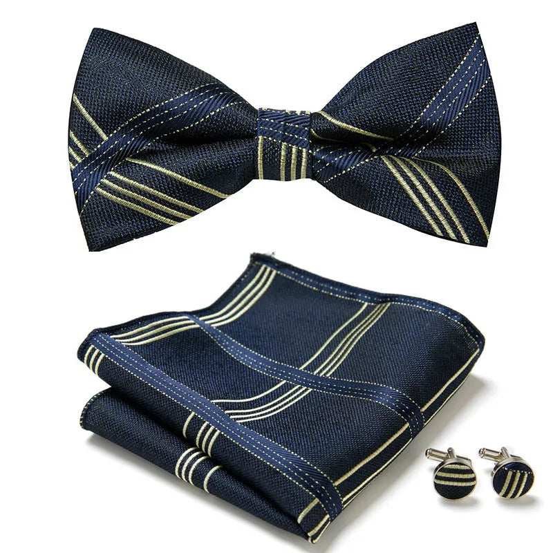 Floral Bow Tie Set of Three Pieces Polyester Yarn Hand-Sewn 12cm by 6cm Bow Tie with Matching Pocket Square 25x25cm and Cufflinks 1.5cm for Men's Formal Wedding and Party Accessories Multistyle Options
